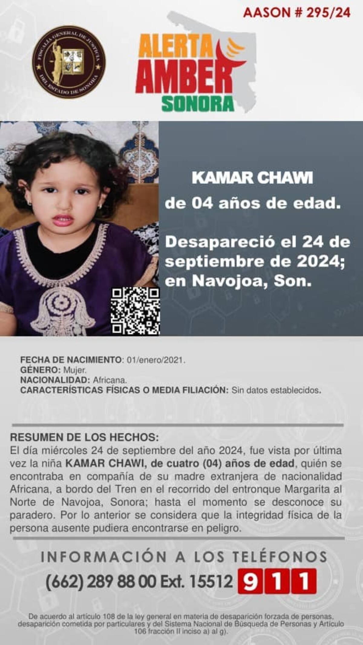 Ficha de desaparición de la menor, Kamar Chawi. | Crédito: FGJE Sonora