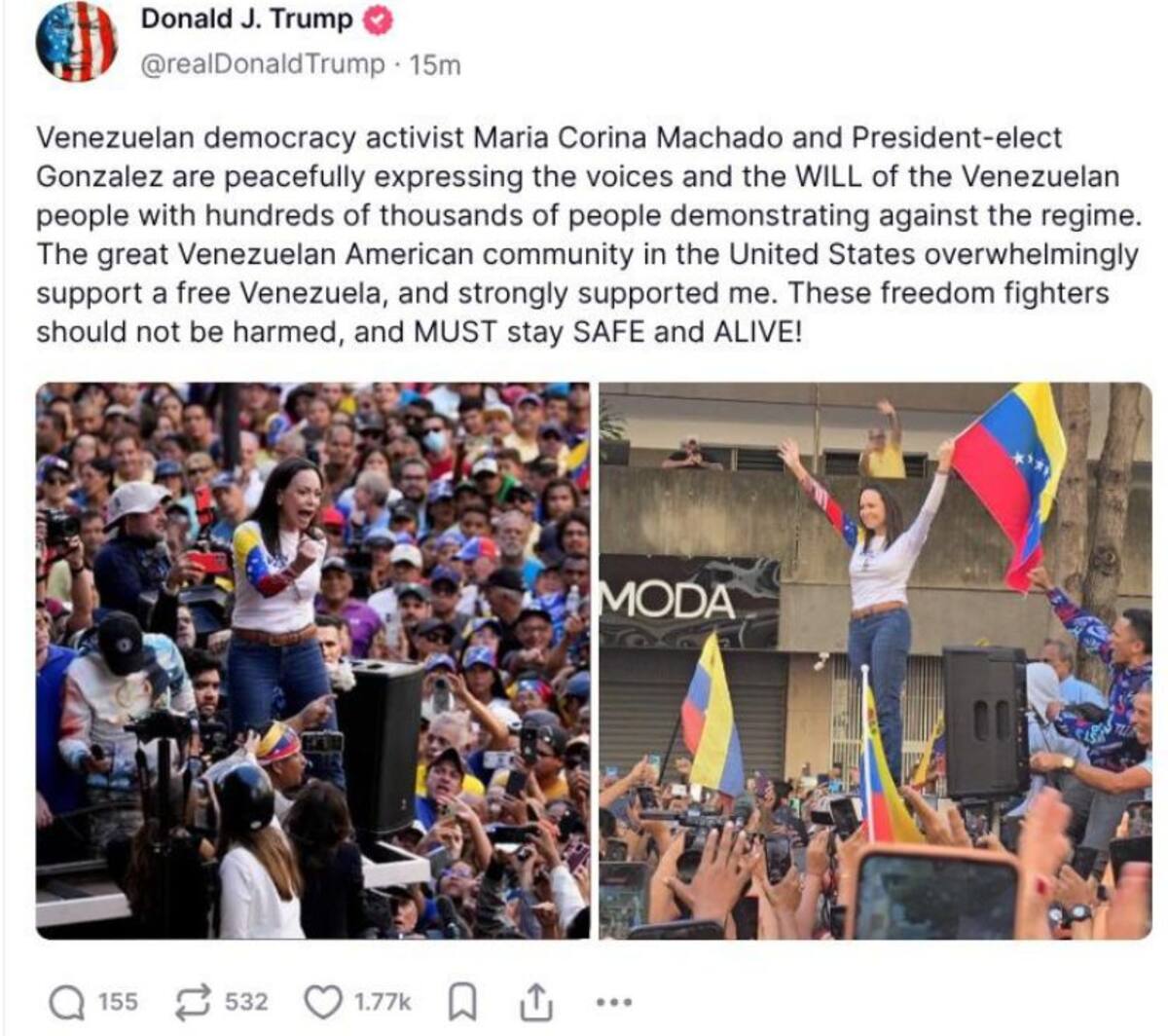 Este jueves María Corina Machado logró salir de la clandestinidad para participar en la convocatoria de este 9 de enero en todo el País. Foto: Truth Social.