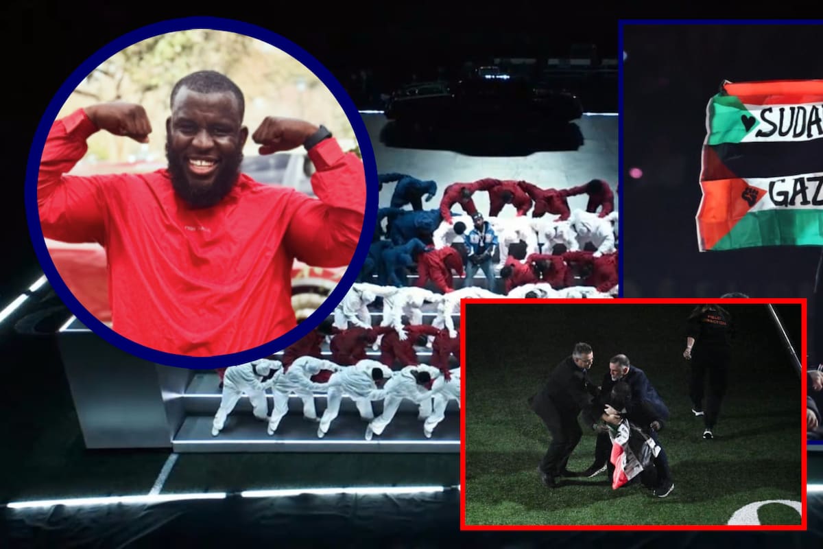 Hombre negro musulmán asegura ser el protestante que sacó bandera de Palestina durante el Super Bowl; fue detenido y la NFL lo vetó de por vida
