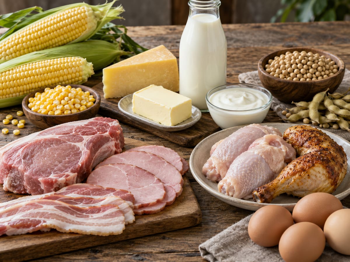 Maíz, lácteos, carne de cerdo, soya y productos avícolas forman parte de los principales alimentos que México importa desde Estados Unidos. (Imagen hecha por IA de ChatGPT)