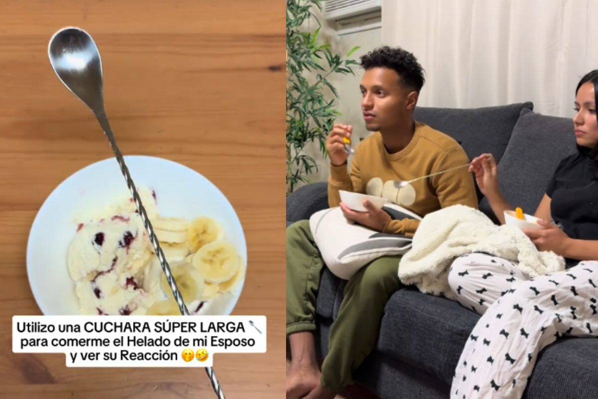 Mujer le roba helado a su esposo con una cuchara súper larga y se vuelve viral