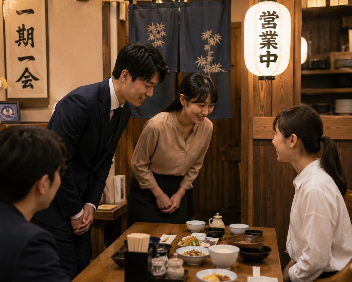 Personas en Japón interactuando respetuosamente en un restaurante, usando apellidos con títulos formales para mostrar jerarquía y cortesía en la comunicación diaria. | Imagen hecha con ChatGPT