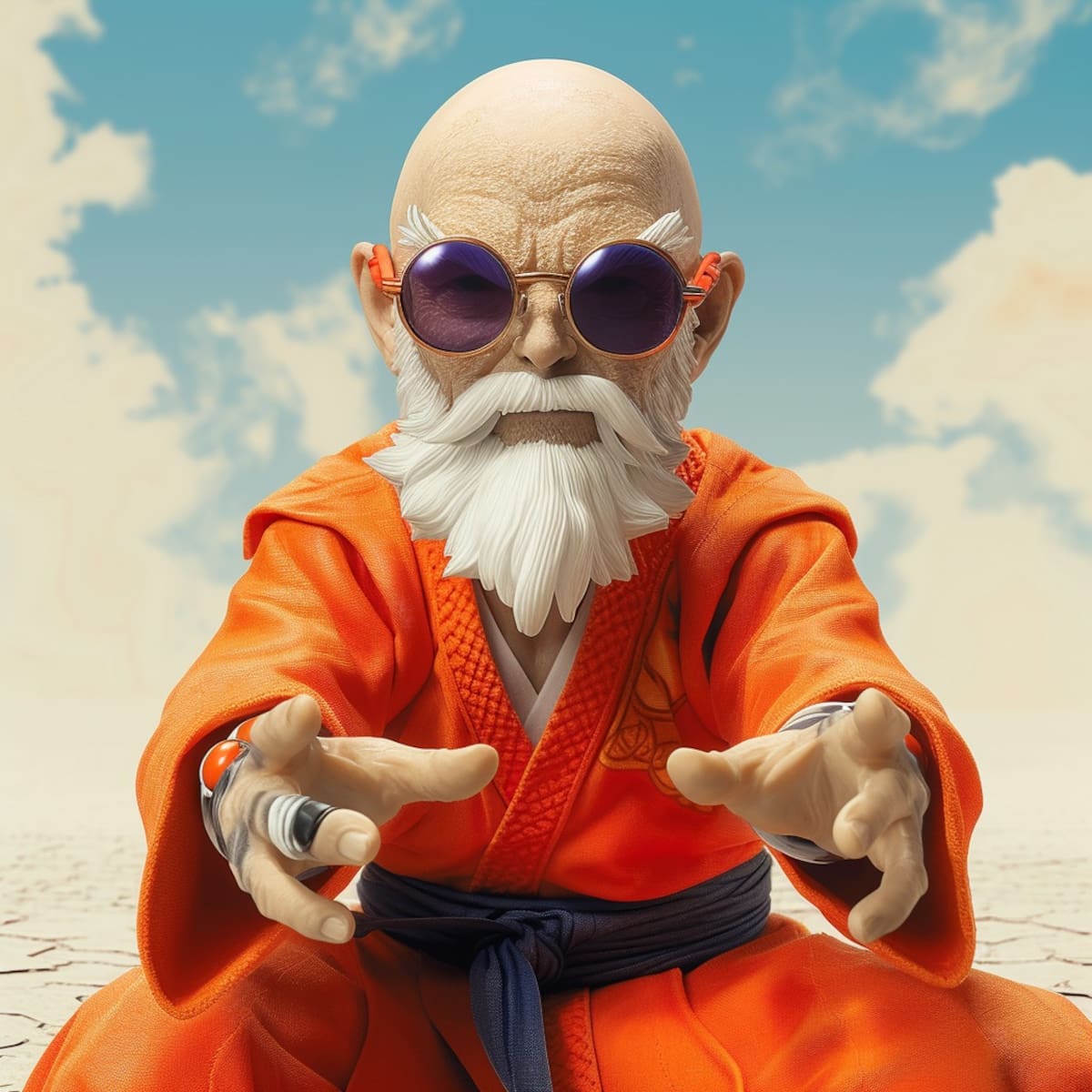 Experimenta la longevidad sin límites de Maestro Roshi según la inteligencia artificial, reflejando sabiduría y maestría en sus ojos.