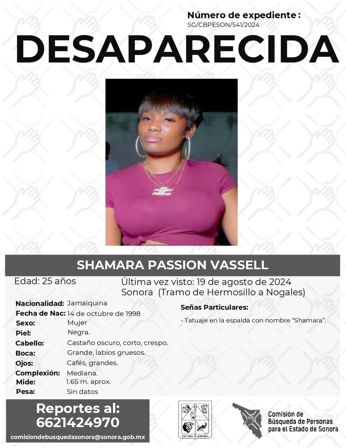 Shamara Passion Vassel, desaparecida el 19 de agosto del 2024. | Crédito: FGJE Sonora