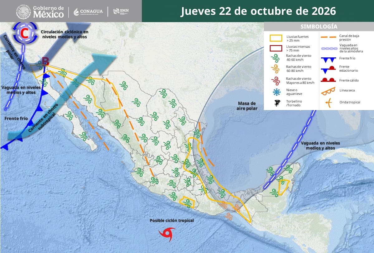 Pronóstico del clima para el jueves 22 de octubre del 2026. | Crédito: SMN
