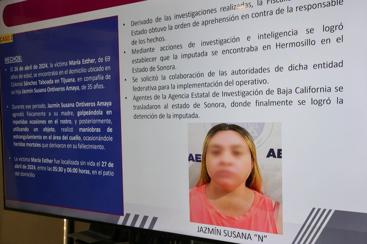 La Fiscalía General del Estado informó que Jazmín Susana Ontiveros Amaya, acusada de golpear y estrangular a su madre en abril de 2024 en la colonia Sánchez Taboada. Foto: Cortesía