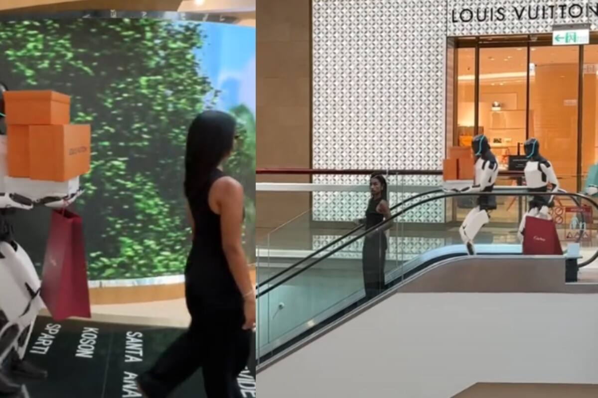 Mujer se vuelve viral al ser captada haciendo compras en un centro comercial, acompañada por 4 robots Tesla que cargaban sus bolsas