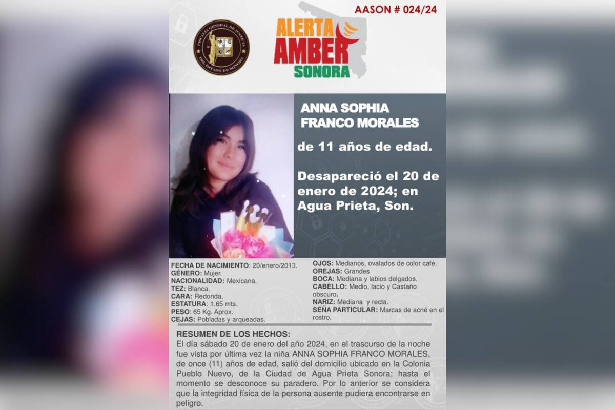 Activan Alerta Amber por Anna Sophia Franco Morales, menor desaparecida en Agua Prieta
