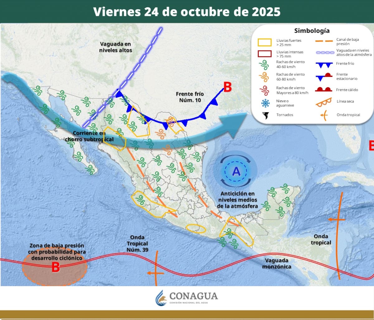 Pronóstico del clima para el viernes 24 de octubre del 2025. | Crédito: SMN