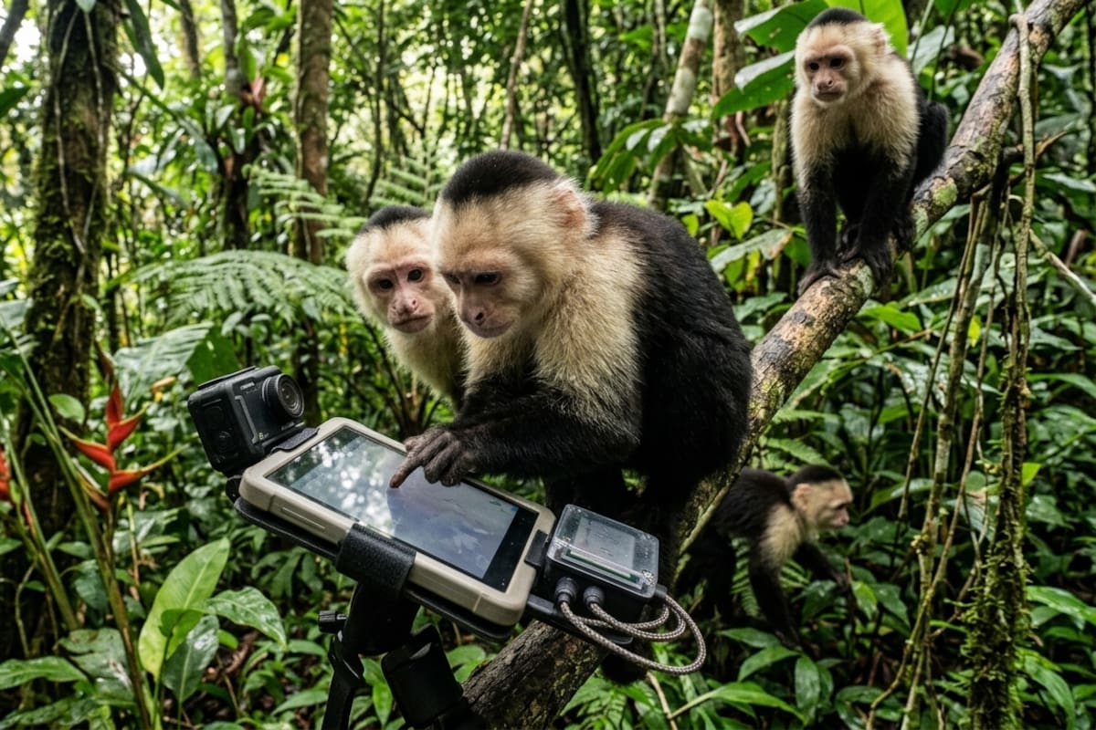 Monos capuchinos aprenden a usar una pantalla con inteligencia artificial para conseguir comida en la selva de Costa Rica, mientras el sistema reconoce sus rostros y adapta pruebas para estudiar cómo aprenden y toman decisiones en libertad