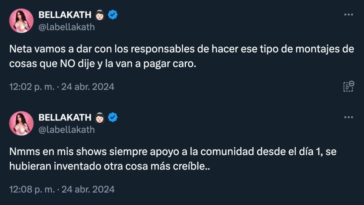 Bellakath desmintiendo el insulto transfóbico que le dedicó a Wendy Guevara.
