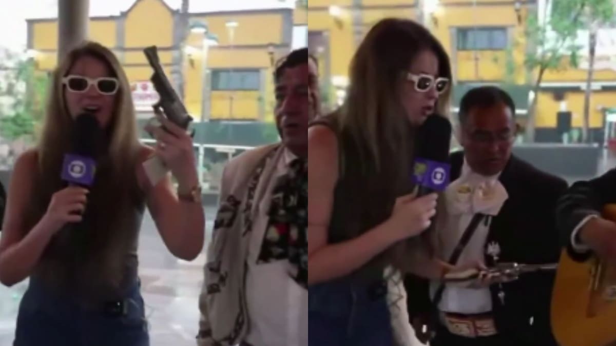 El inesperado momento en que un mariachi le pasa un pesado revólver a la periodista brasileña Sofia Miranda en vivo desde Garibaldi, armando un divertido debate en redes