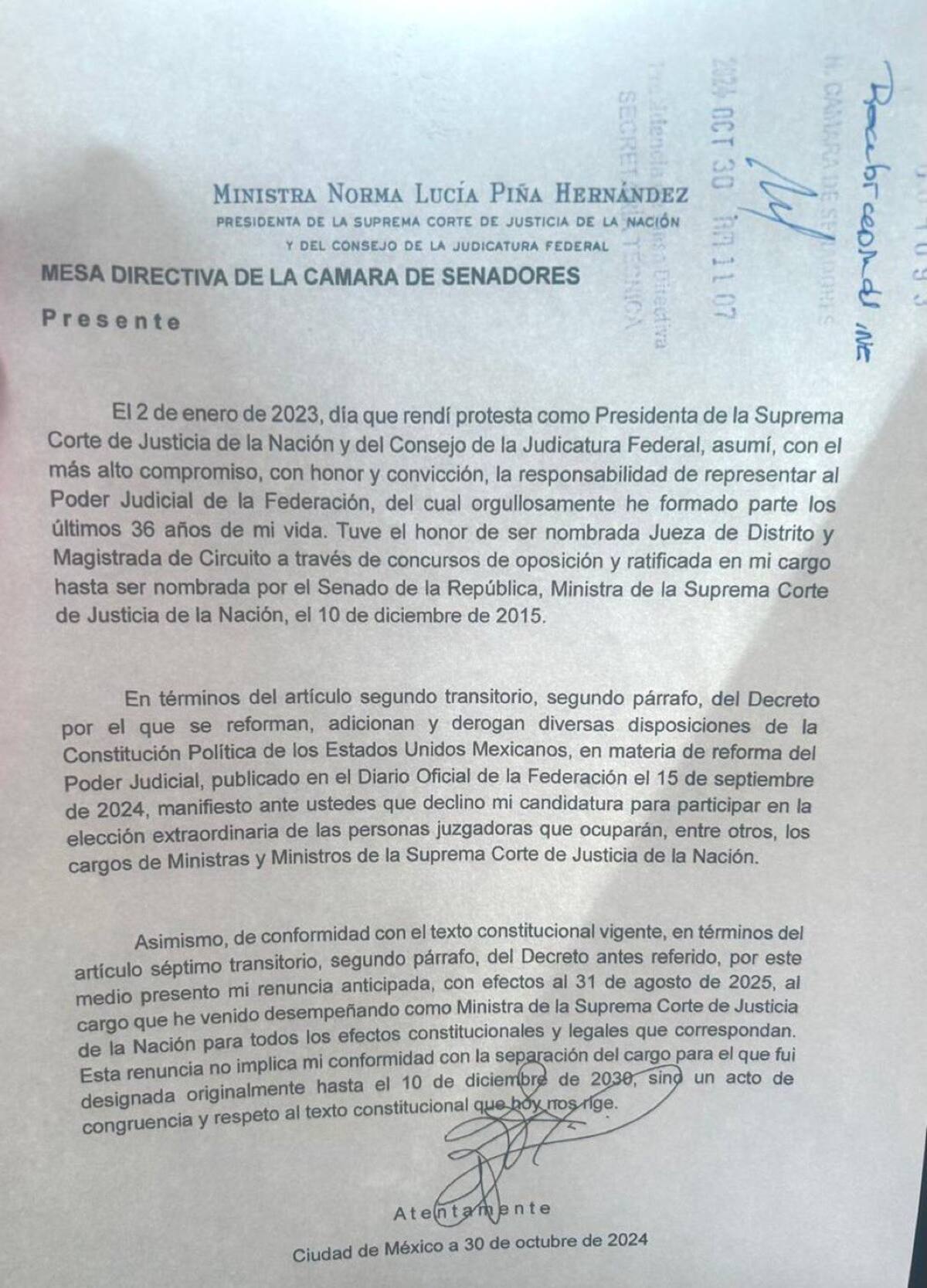 Esta es la carta que envió Norma Piña para presentar su renuncia.