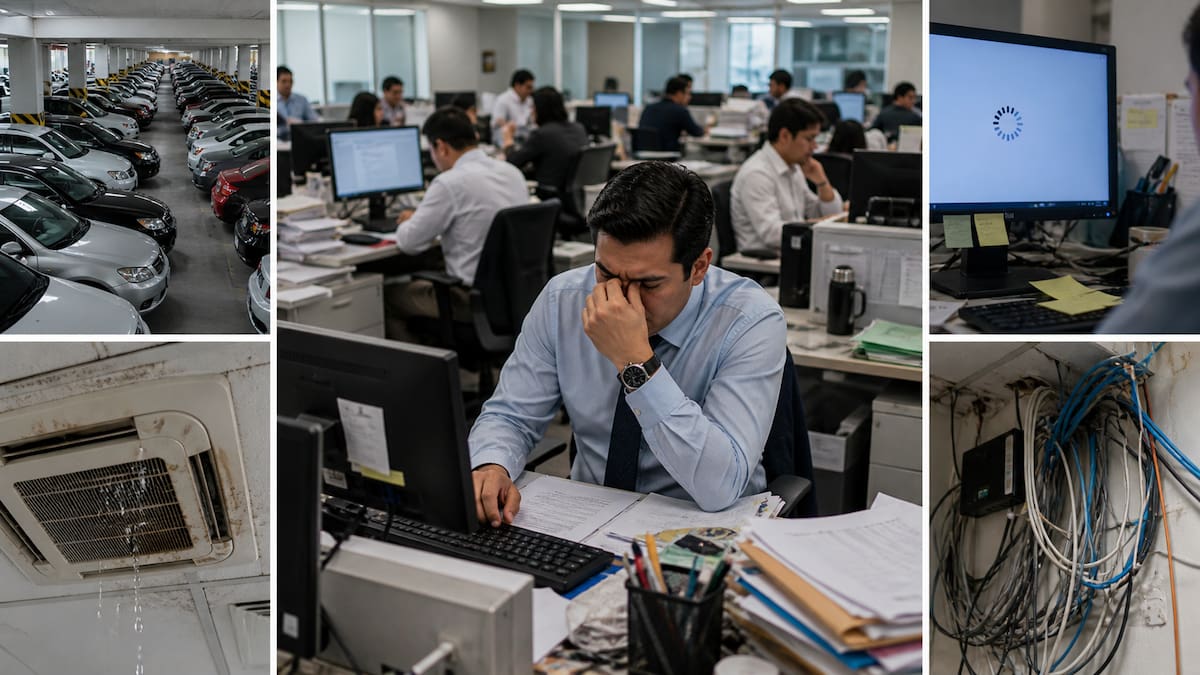 El 58% de los trabajadores identifica fallas o insuficiencias en la infraestructura básica de sus oficinas. | Imagen hecha con IA