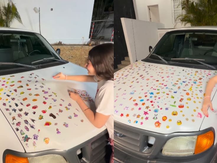 Joven llena el carro de su familia con calcomanías y su reacción se vuelve tendencia
