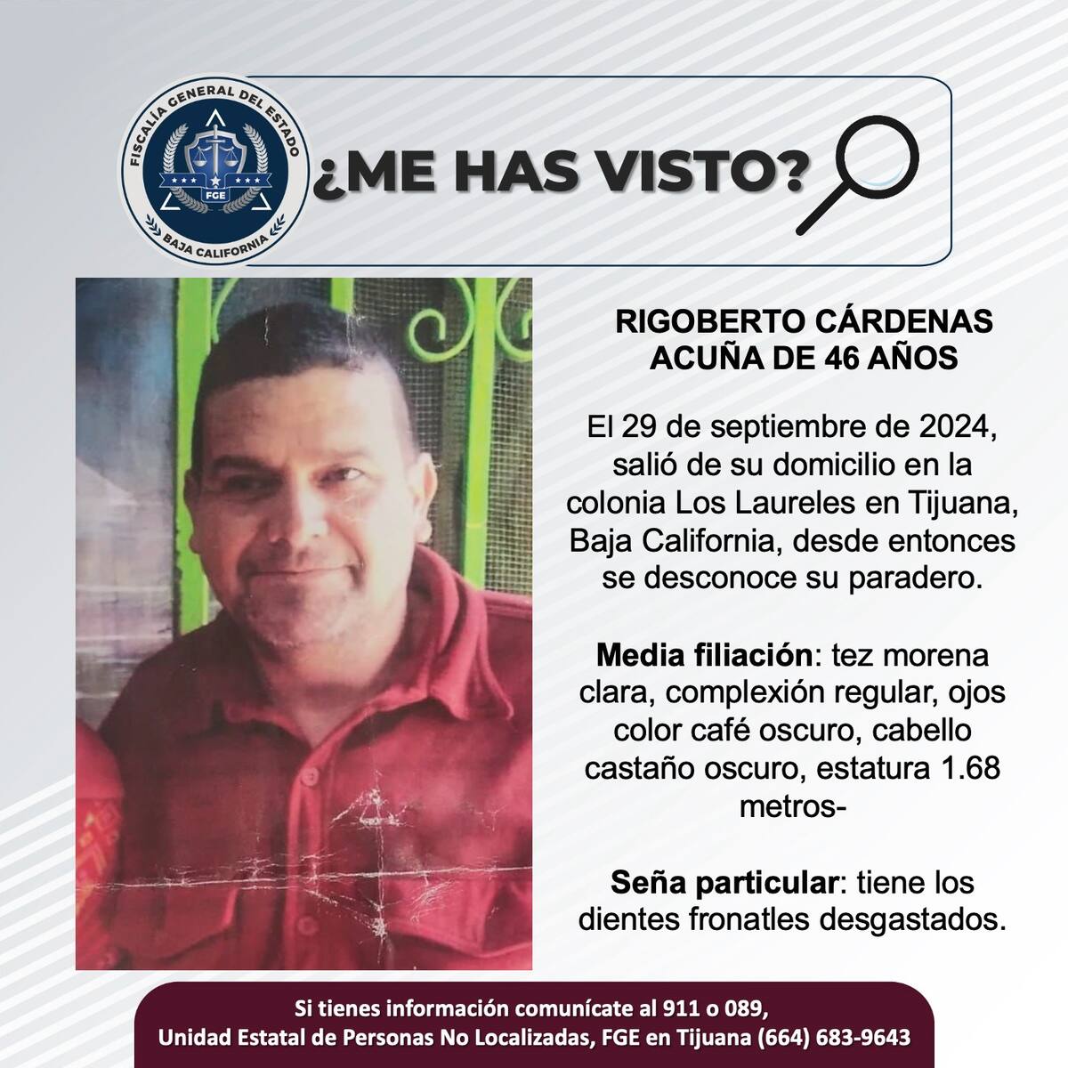 Rigoberto Cárdenas Acuña fue visto por última vez el 29 de septiembre de 2024.