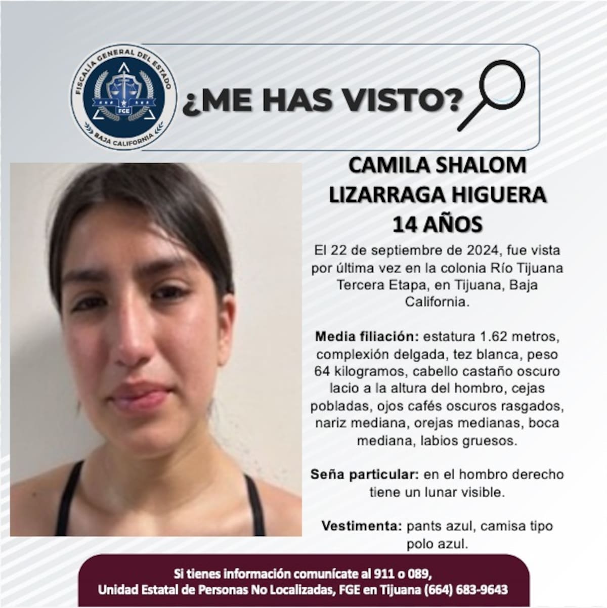 Camila Shalom Lizarraga Higuera fue vista por última vez el 22 de septiembre de 2024.