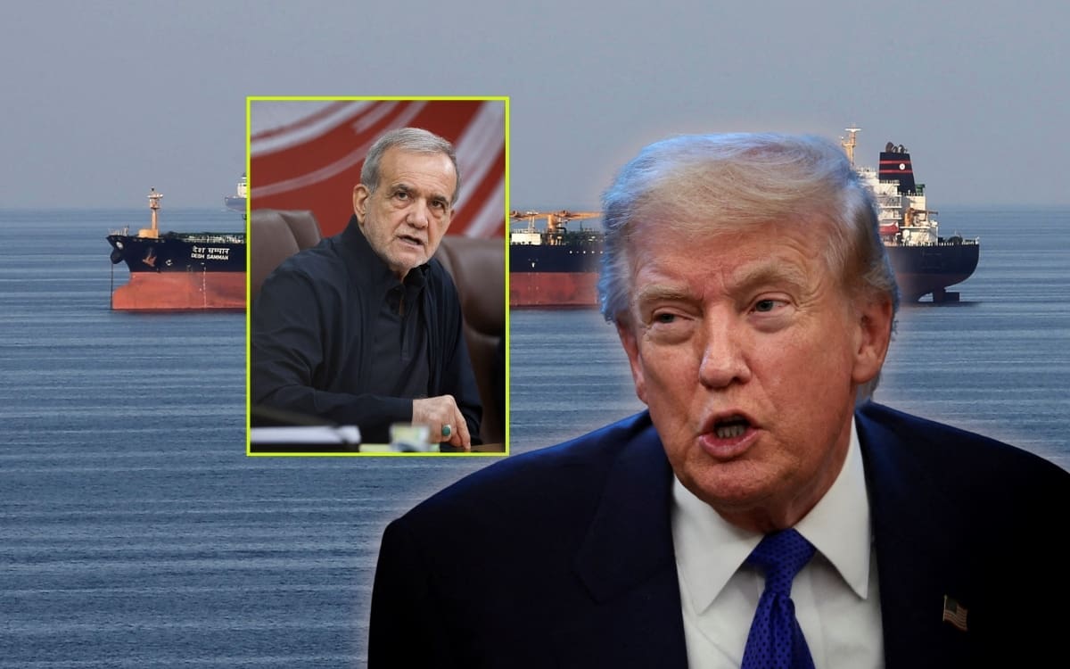 En la fotografía aparece el presidente iraní, Masoud Pezeshkian (a la izquierda) y el presidente de Estados Unidos, Donald Trump (a la derecha) con el estrecho de Ormuz de fondo. | Crédito: REUTERS