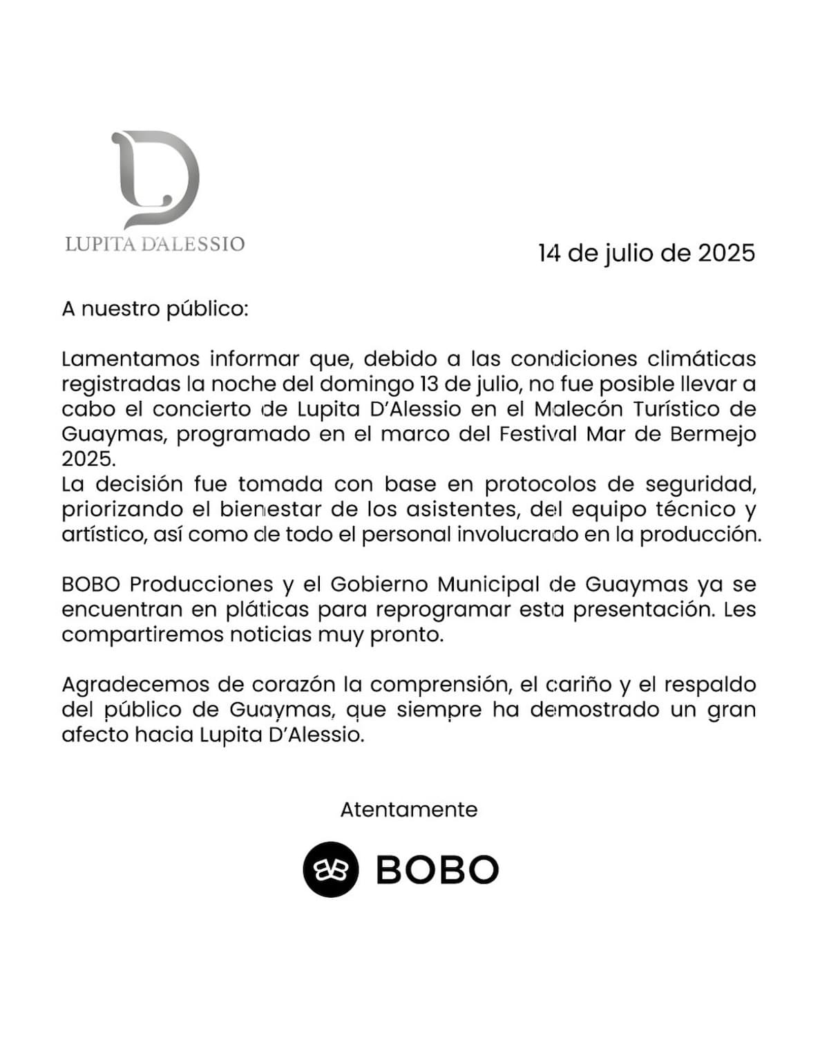 Bobo Producciones confirma que el concierto de Lupita D’Alessio será reagendado / Instagram @boboproducciones