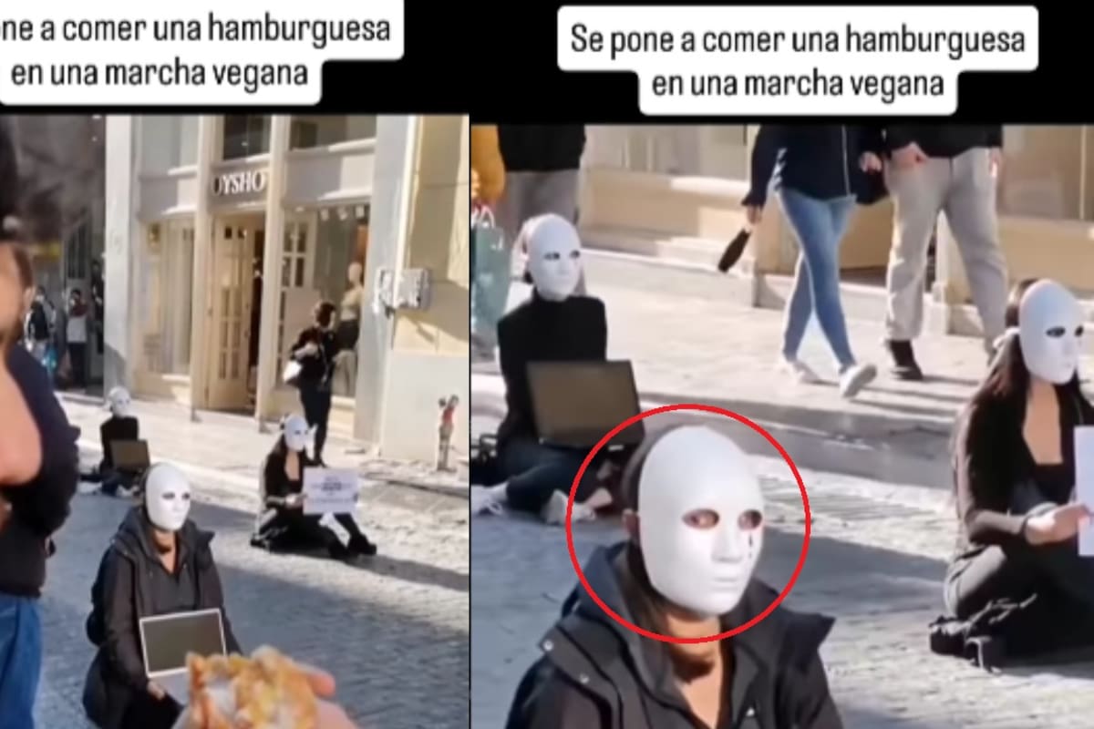 Hombre come una hamburguesa de pollo frente a activistas veganos y se vuelve viral