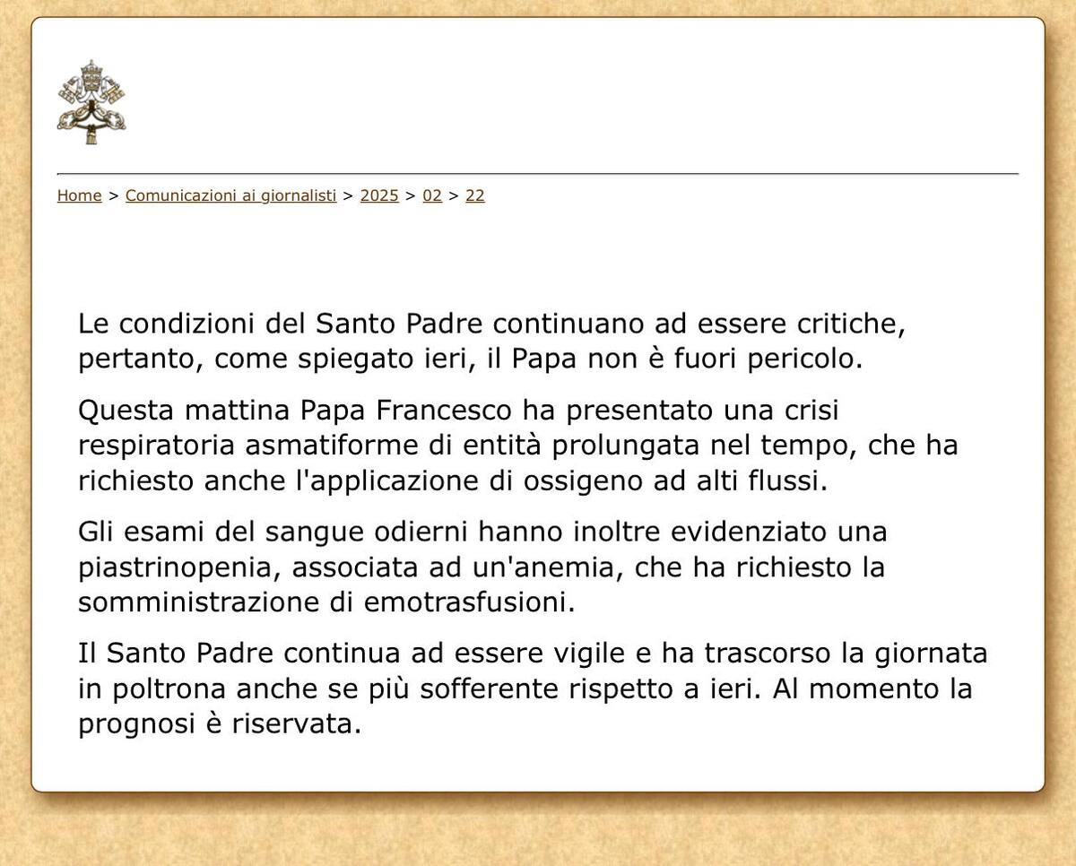 De acuerdo a una nota del Vaticano, requirió la administración de oxígeno de alto flujo. Foto: Vaticano.