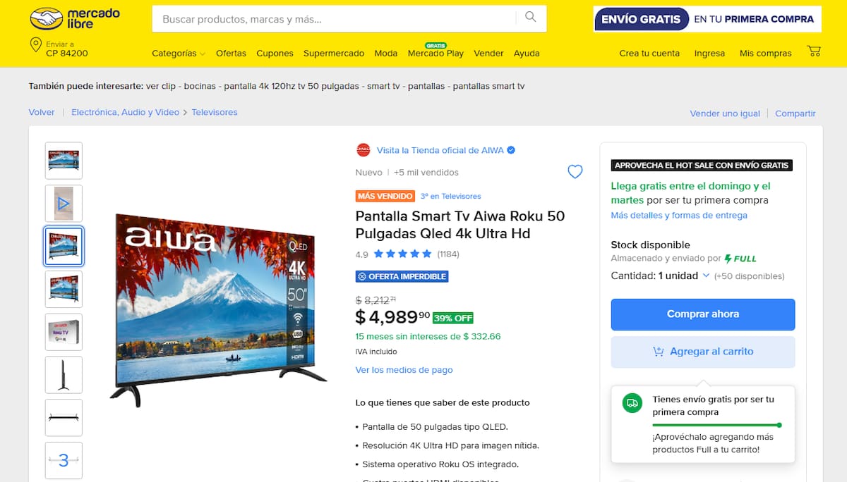 La pantalla que incluye Roku disminuyó su precio un 39% debido a la campaña del Hot Sale. | Foto: Mercado Libre