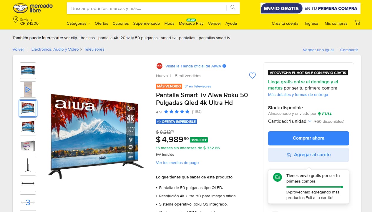 La pantalla que incluye Roku disminuyó su precio un 39% debido a la campaña del Hot Sale. | Foto: Mercado Libre