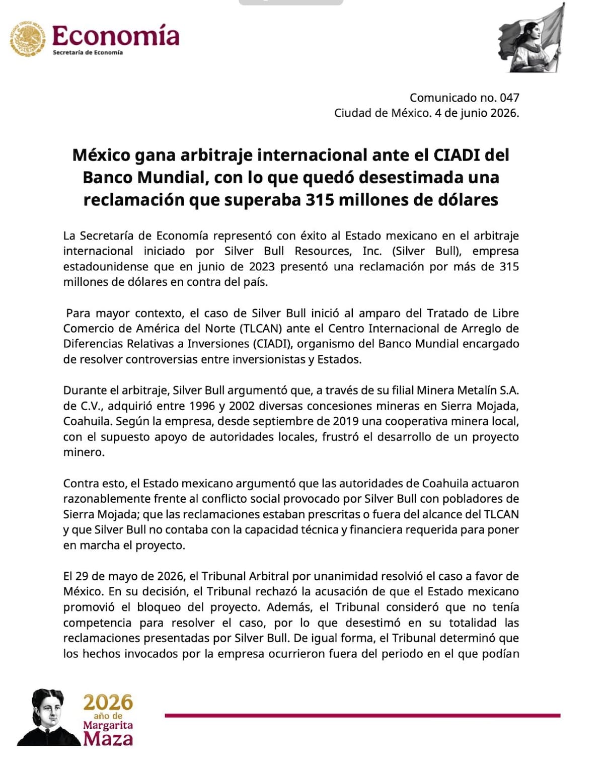 México gana arbitraje internacional ante el CIADI y evita reclamación minera por más de 315 mdd. | Crédito: SRE