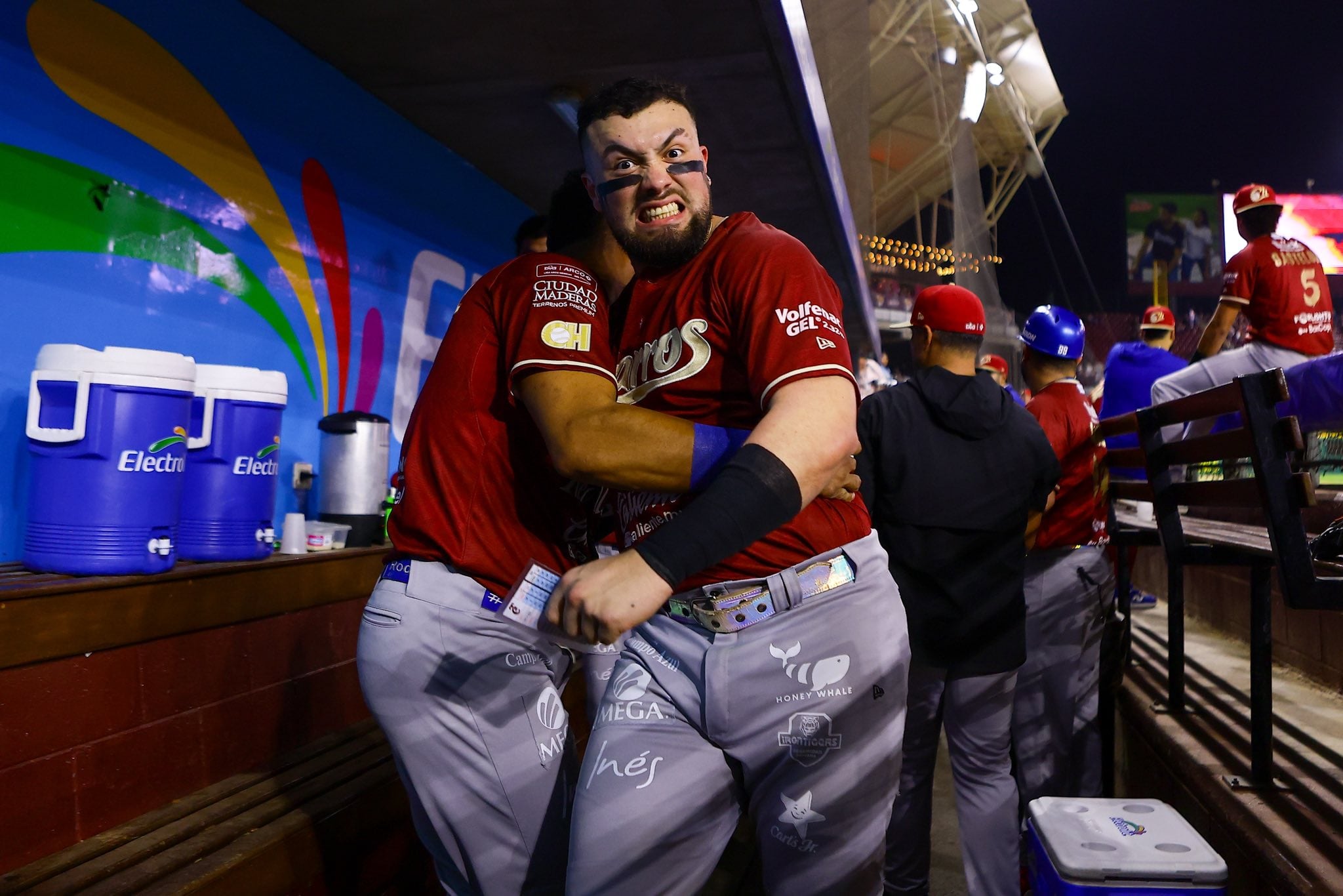 Julián Ornelas celebrando dentro del dugout jalisciense. (Foto: Charros de Jalisco)