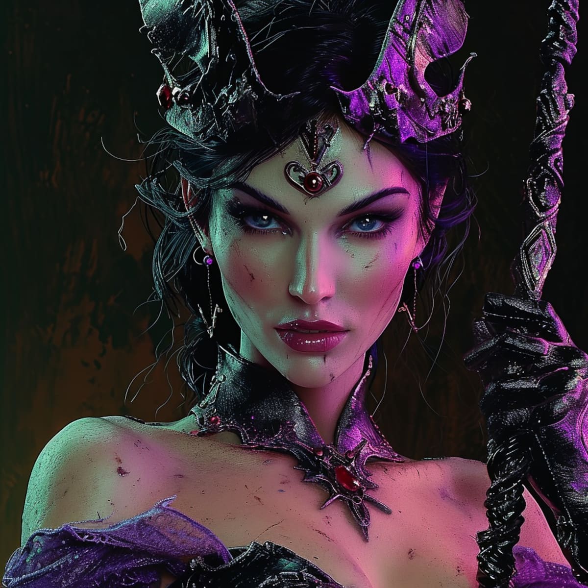 Rebeldía Adolescente: Criada en las ruinas de Zalesia, Evil-Lyn dejó su hogar en un acto de rebeldía adolescente, una historia que se refleja en su mirada desafiante y expresión en la representación gráfica.