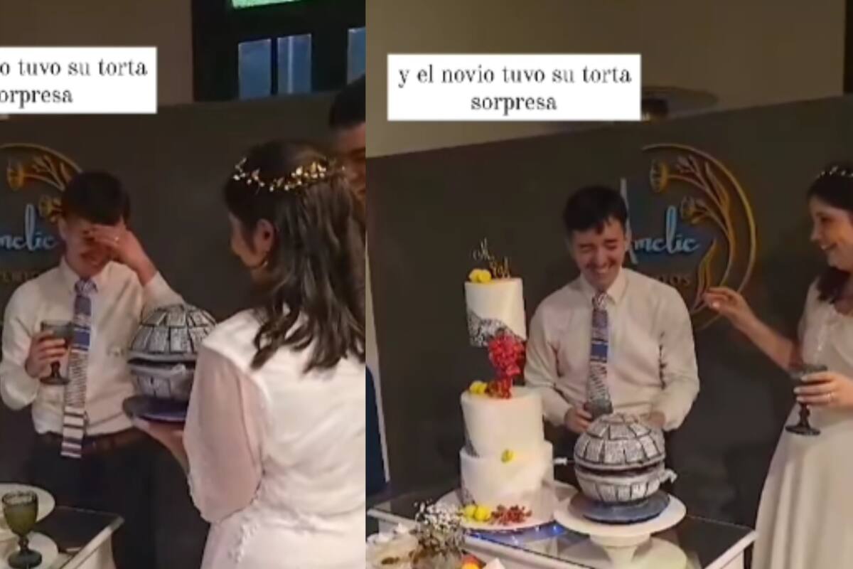 Joven sorprende a su novio en la boda y le lleva un pastel de la Estrella de la Muerte de Star Wars
