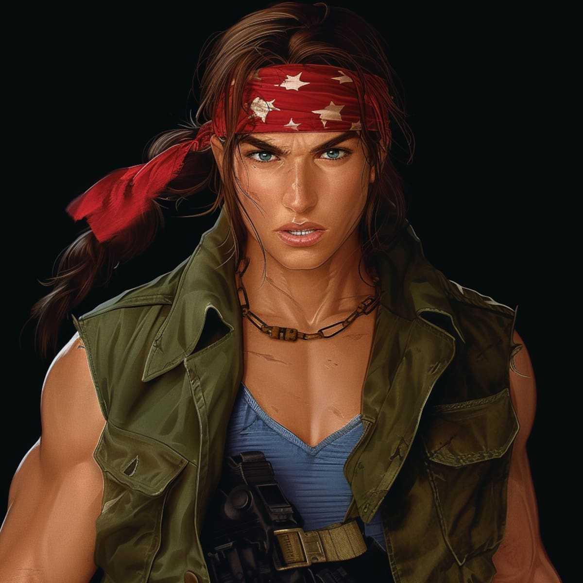 La versión femenina de Ralf Jones emerge con una belleza musculosa según la visión de la inteligencia artificial de Midjourney.