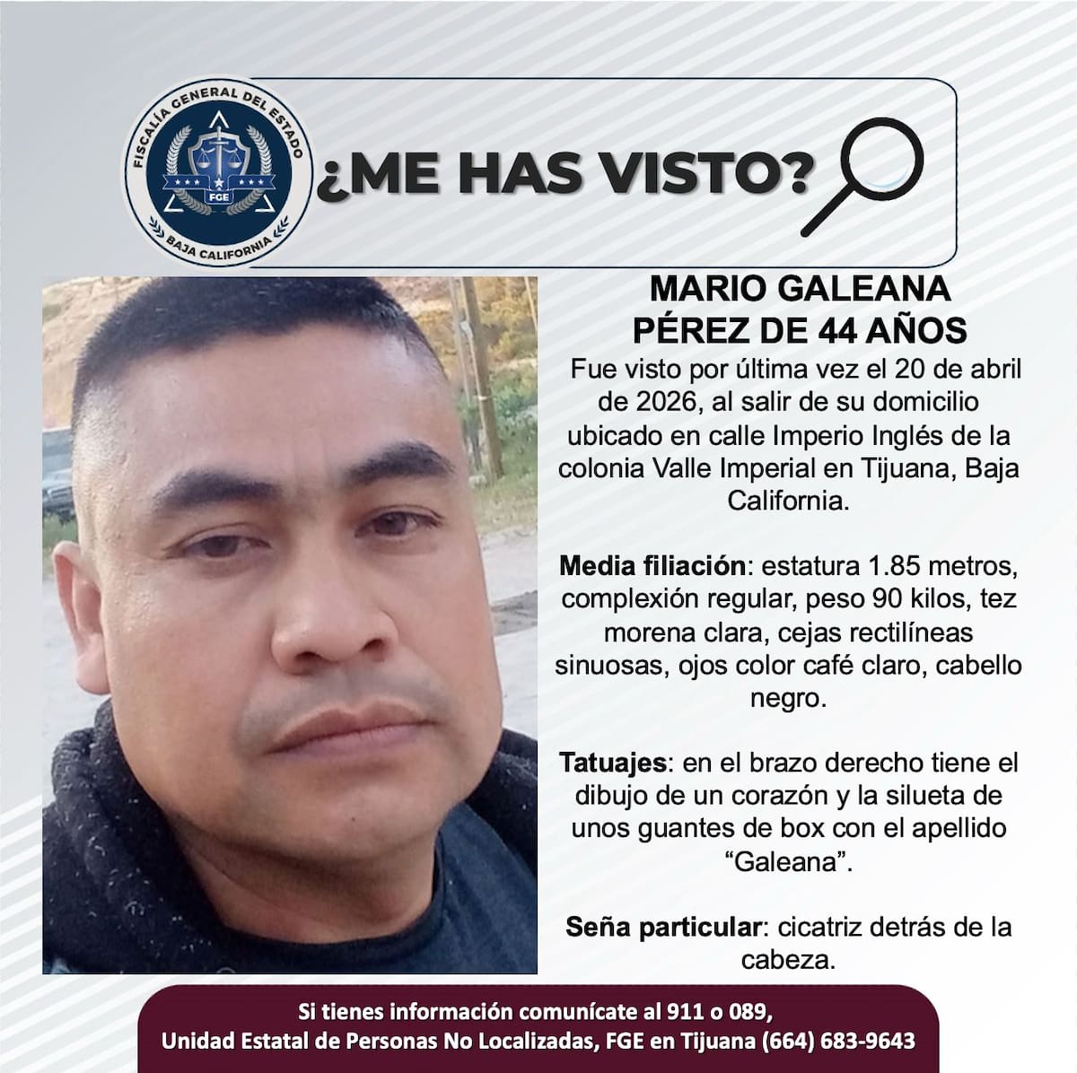 Fue visto por última vez el 20 de abril de 2026.