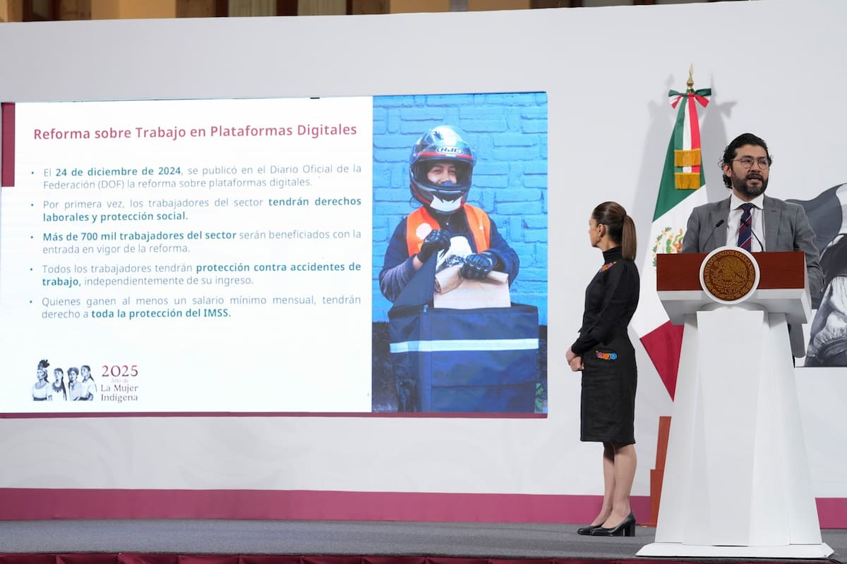 El secretario del Trabajo, Marath Baruch Bolaños López, durante la "Conferencia del Pueblo" de la presidenta Claudia Sheinbaum, el 20 de junio del 2025. | Crédito: Presidencia