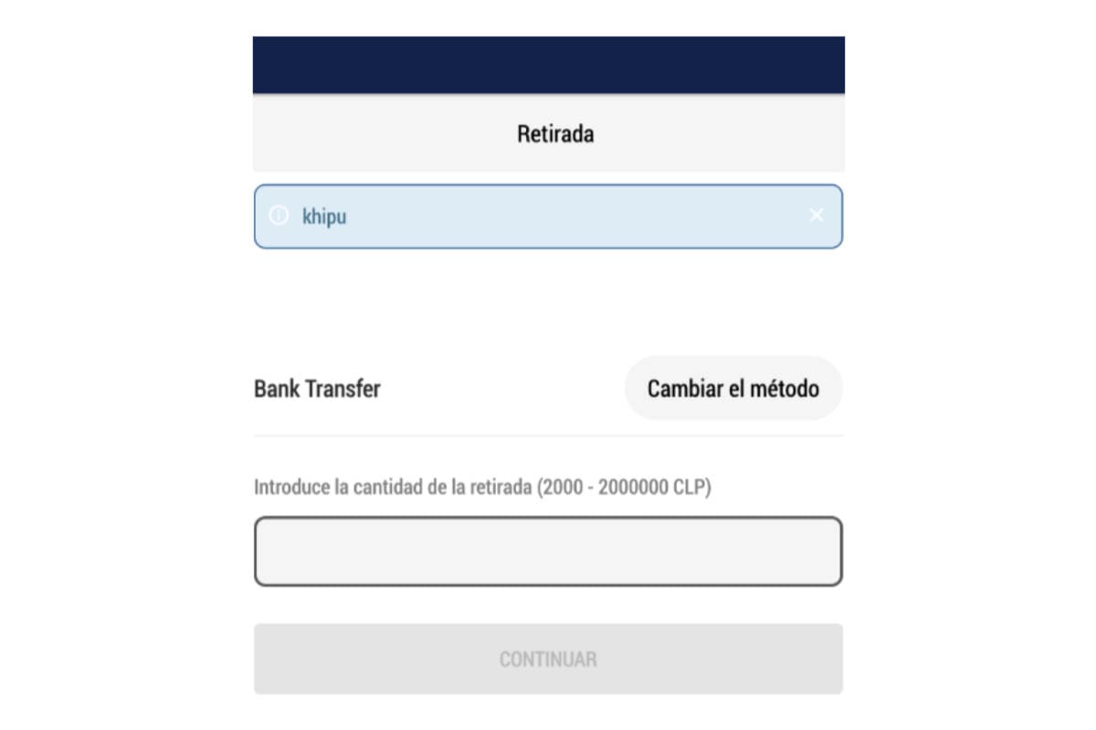 Formulario de retiro por transferencia bancaria (Khipu) en JugaBet Chile.