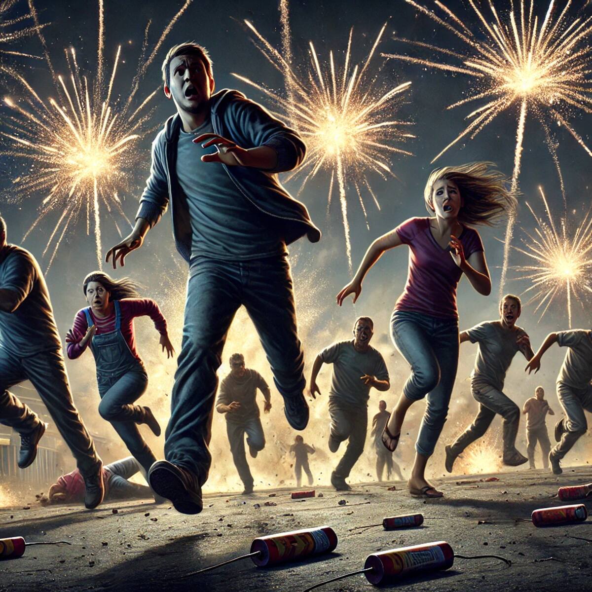 Imagen ilustrativa de personas escapando de explosiones de pirotecnia hecha con IA (Chatgpt).