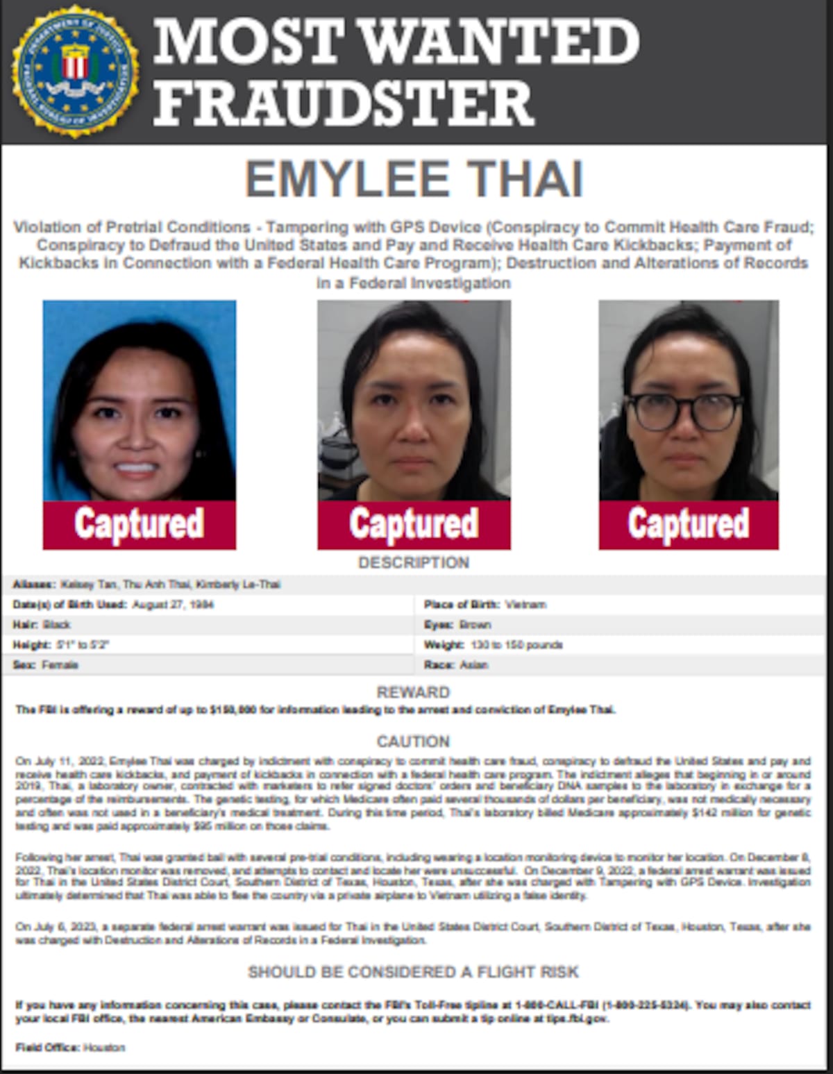 Emylee Thai fue colocada entre las más buscadas por el FBI debido al Megafraude en Medicare. | FBI