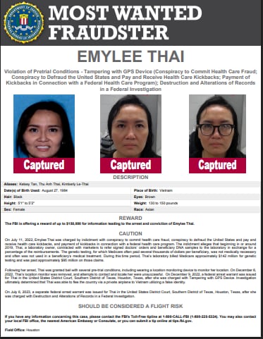 Emylee Thai fue colocada entre las más buscadas por el FBI debido al Megafraude en Medicare. | FBI
