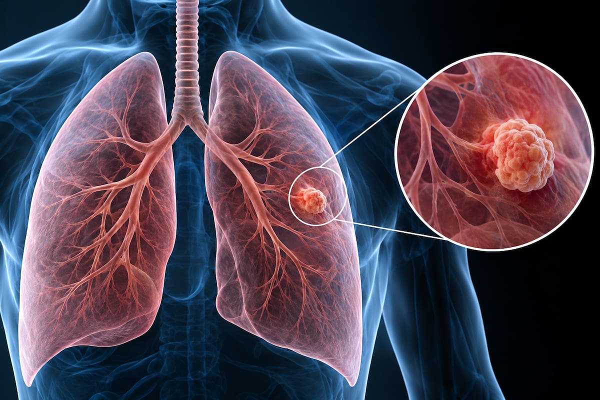 Ilustración médica de un nódulo pulmonar, una pequeña lesión que puede ser benigna o cancerosa y cuya naturaleza se determina mediante estudios especializados. (Imagen ilustrativa generada con IA).