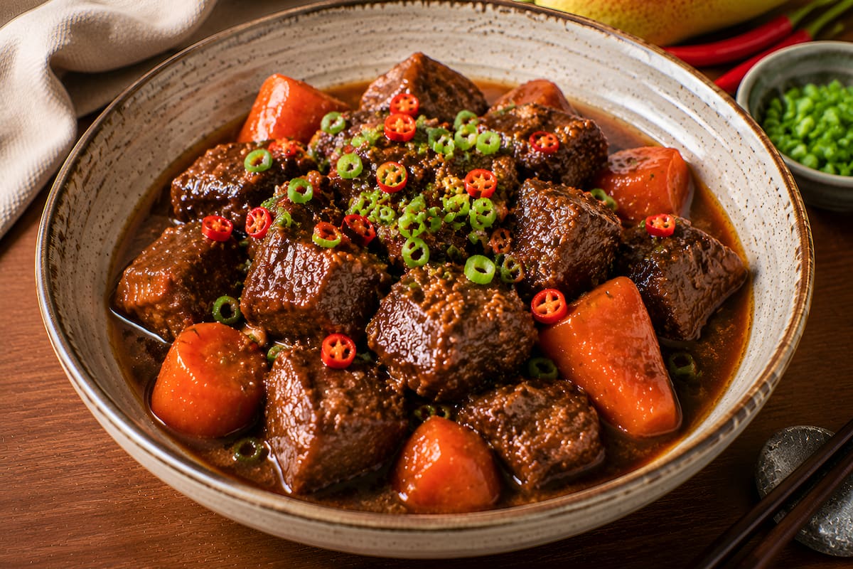 Res a la coreana, braseada con pera y chile de árbol