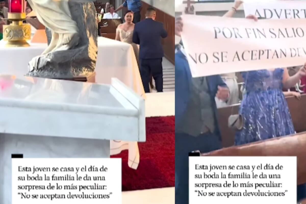 Se casa y su familia la despide con humor: llevan pancartas como “No se aceptan devoluciones” y “Cualquiera que la aguante es bienvenido”