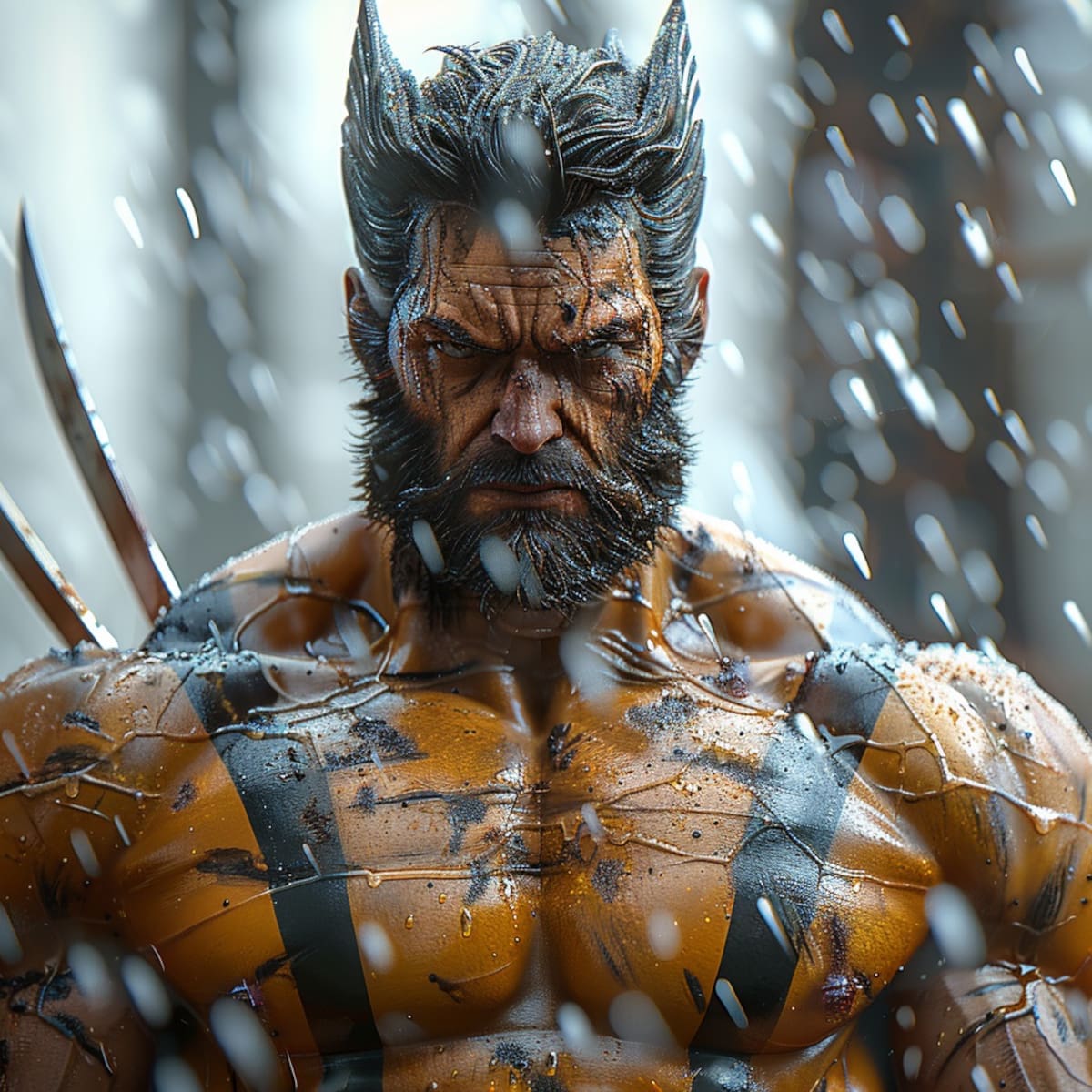 La inteligencia artificial de Midjourney visualiza a Wolverine con musculatura imponente y enigmática, añadiendo una capa de misterio a su figura.