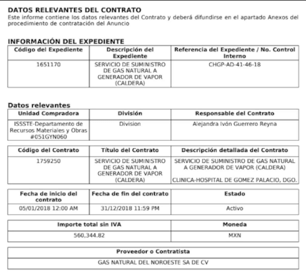 Este es uno de los contratos del ISSSTE otorgados en 2018. Foto: Compras MX