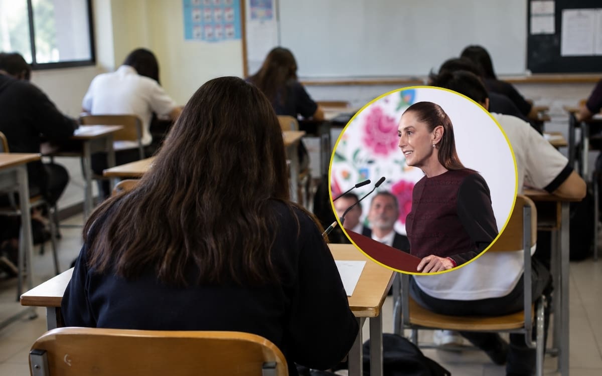 México cae a 388 puntos en matemáticas en PISA y Sheinbaum anuncia nuevos libros, más lectura y restricciones al uso de celulares en escuelas. | Crédito: Presidencia/Imagen de fondo hecha con IA de ChatGPT
