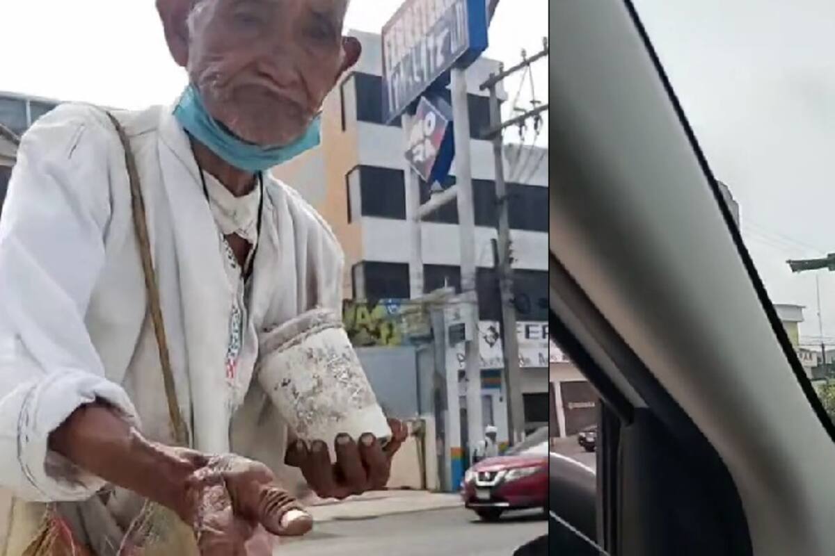 Anciano pide dinero en semáforo, pero les lanza las monedas a los conductores si le dan menos de 10 pesos