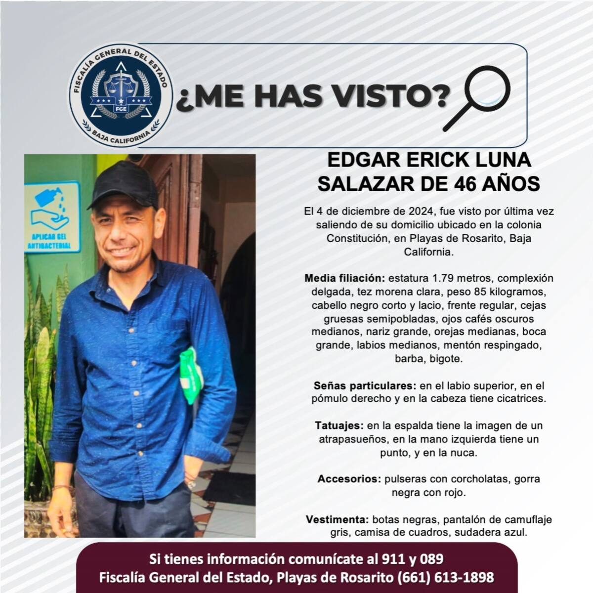 Edgar Erick Luna Salazar fue visto por última vez el 4 de diciembre de 2025.
