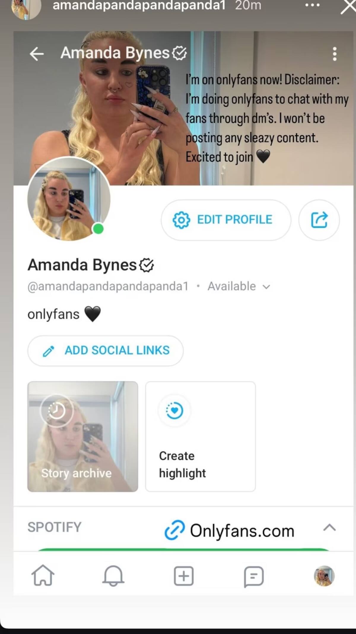 Amanda Bynes anunciando su cuenta de Onlyfans. | Captura de pantalla: IG @amandapandapanda