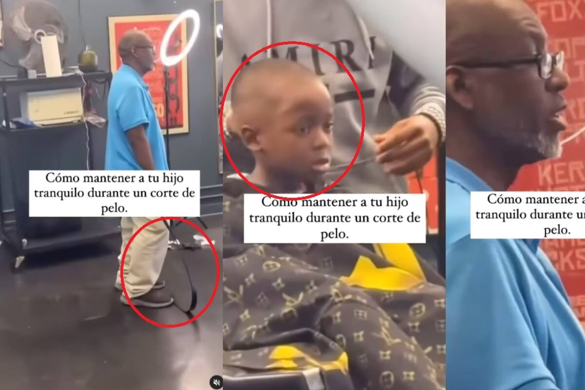 El viejo truco nunca falla: papá sostiene un cinturón y su hijo se deja cortar el pelo sin decir ni pío