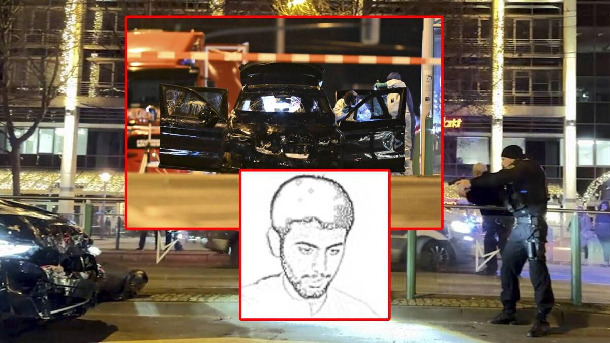 Forenses trabajan en un auto dañado con las puertas abiertas después de que un conductor arremetiera contra un bullicioso mercado navideño en Magdeburgo, Alemania, la madrugada del sábado 21 de diciembre de 2024. (Hendrik Schmidt/dpa via AP)