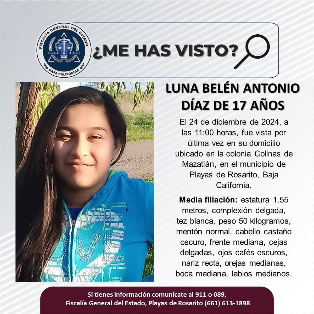 Luna Belén Antonio Díaz fue vista por última vez el 24 de diciembre del 2024.